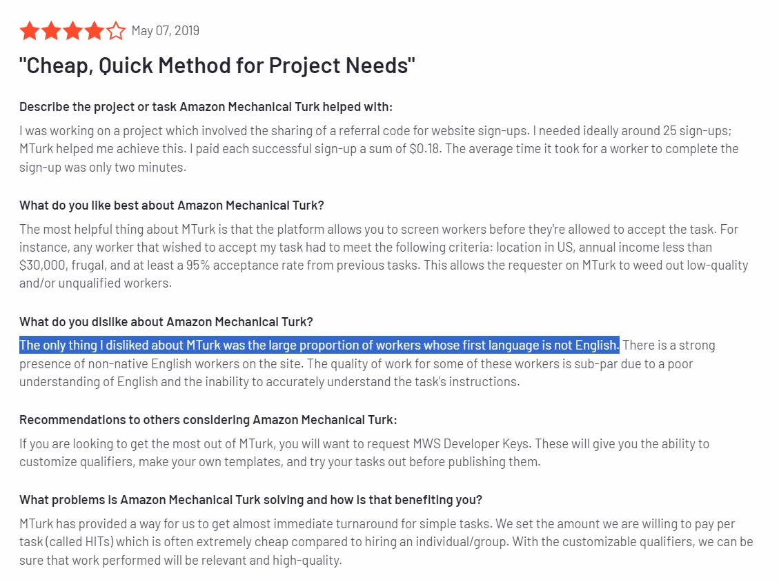 The image is a screenshot of a customer review regarding Customer of MTurk, which is a dataforce by transperfect alternative.