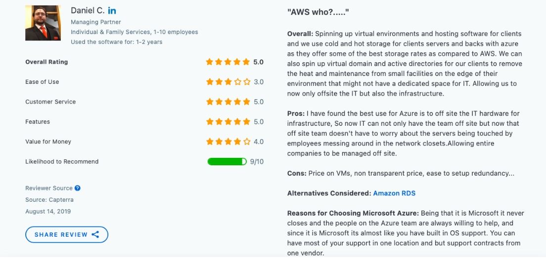 The visual is a user review for Azure, a Cloud orchestration tool.