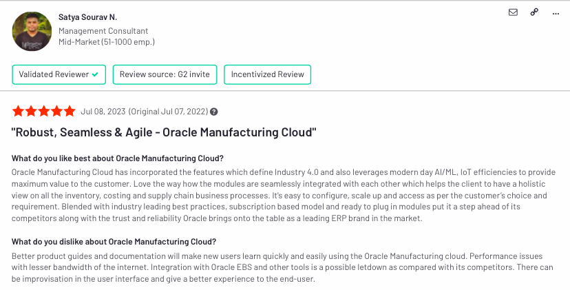 The image shows the pros and cons from a user review for Oracle Manufacturing cloud, one of the big tech manufacturing AI solutions.