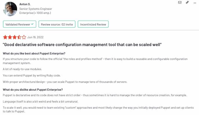 The visual is a user review for Puppet, a DevOps orchestration tool.