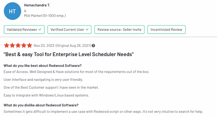 The visual is a user review for Redwood, a process orchestration tool.