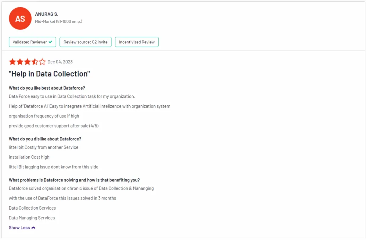 A screenshot of a customer review of datafroce by transperfect. The review is from G2 regarding its positive data collection service, positive customer experience, negative pricing and a lagging problem.