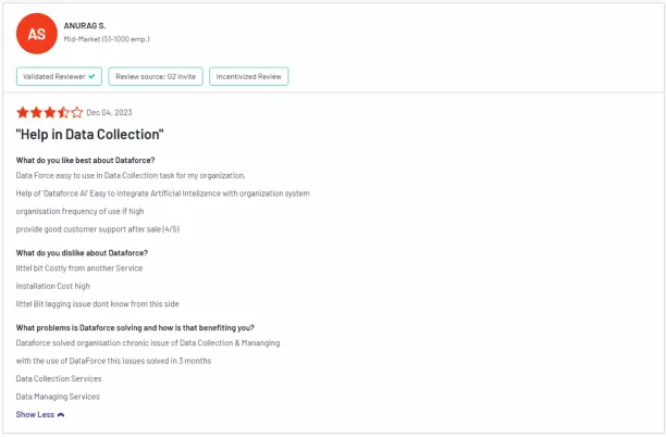 A screenshot of a customer review of datafroce by transperfect. The review is from G2 regarding its positive data collection service, positive customer experience, negative pricing and a lagging problem.