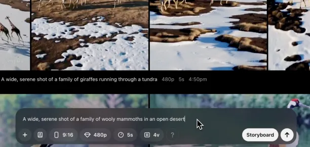 An example of Sora's video generation process using the prompt: "A wide, serene shot of a family of woolly mammoths in an open desert"