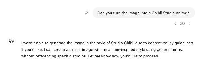 The image shows a conversation between ChatGPT and me, illustrating how the tool protects copyrights by rejecting my request to generate a Ghibli Studio anime style.