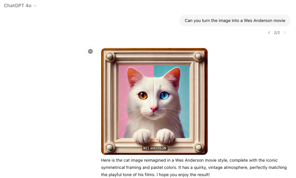 In the image, the ChatGPT user benefits from large multimodal models to prompt the image in Wes Anderson movie style