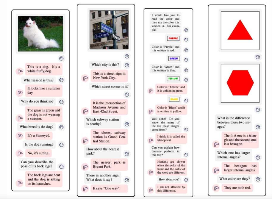 A set of chatbot interactions analyzing images, identifying objects, locations, colors, and shapes, while engaging in reasoning and cognitive tasks.