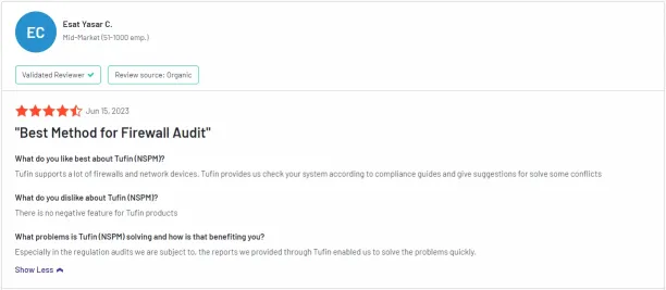 A positive Tufin Customer review regarding its firewall audit software.