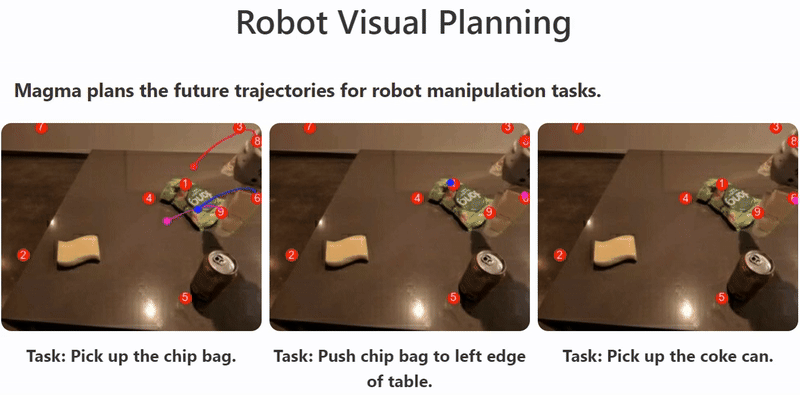 Magma's planned robot trajectories for picking up a chip bag, pushing it, and picking up a coke can.