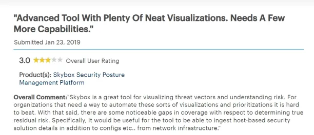 A negative customer review of skybox security from gartner
