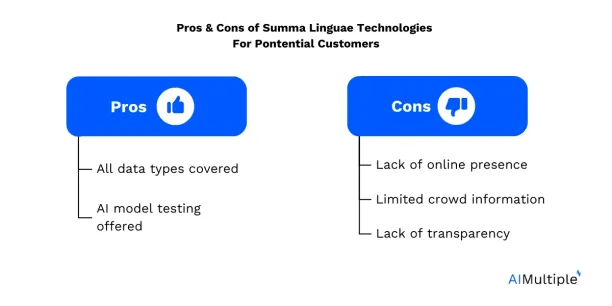 An image listing the pros and cons of working with summa linguae technologies for potential customers.
