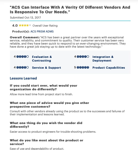 The visual summarizes ACS PRISM pros and cons in a user comment.