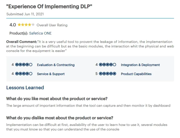 A screenshot of a user review. from Gartner, of Safetica DLP which is one of the Symantec dlp alternatives.