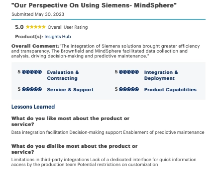 The visual summarizes Siemens AMI strenghts and weaknesses in a user review.