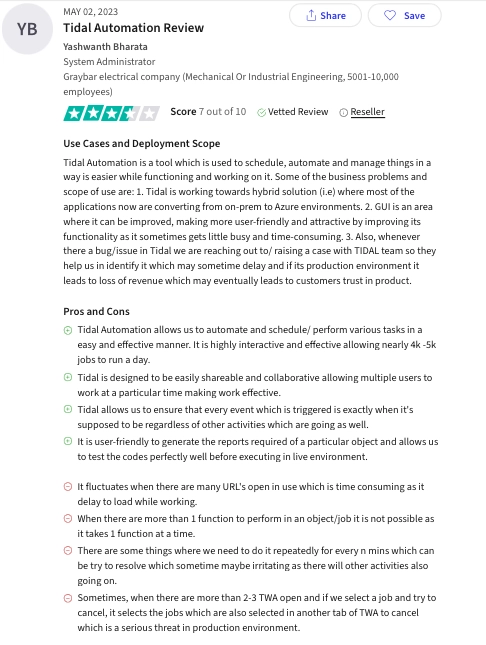 Tidal software user review explaining user's likes and dislikes on Trustradius.