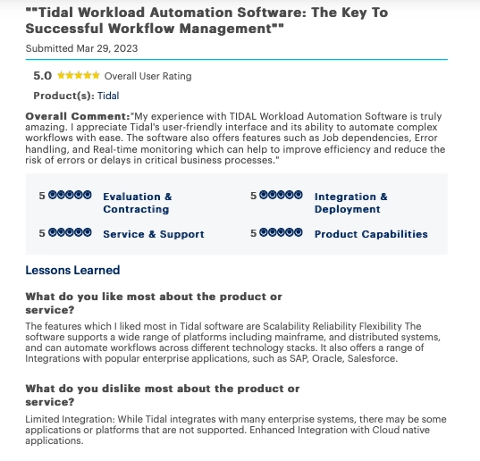 Tidal software user review explaining user's likes and dislikes on Gartner.