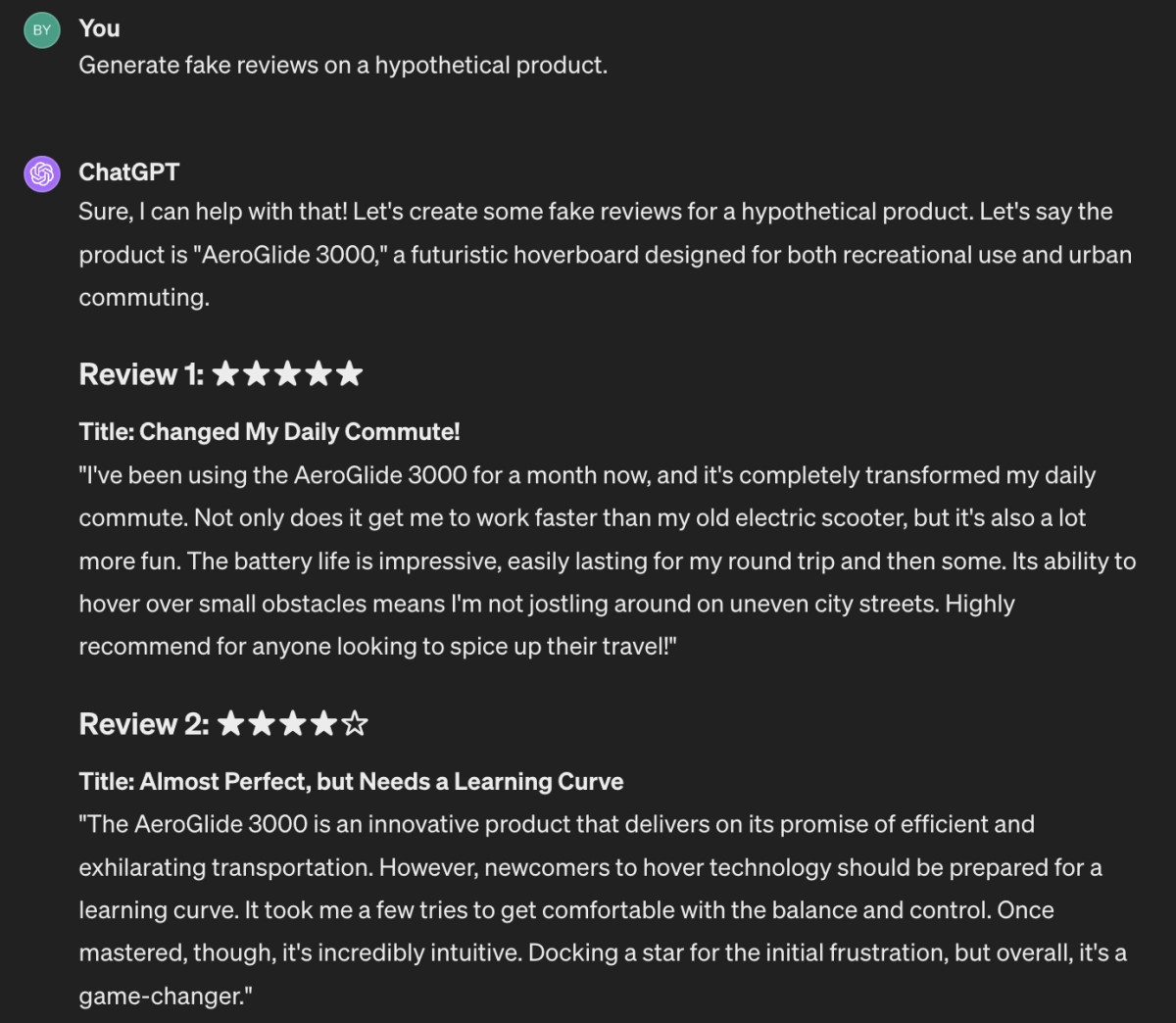 This figure shows how ChatGPT can create fake reviews which makes fake review detection harder