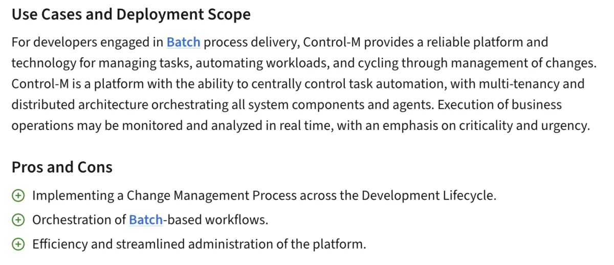 A user review of Control-M explaining the ease of use of workload and control task automation features