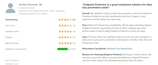 A customer review of Endpoint protector, which is one of the  frocepoint dlp alternatives, highlighting some pros and cons of using the vendor's DLP solution.