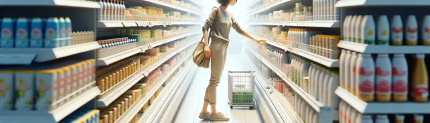 An image showing a woman picking a product from a supermarket shelf reinstating the importance of planogram audits.