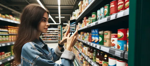A woman taking a picture of a supermarket shelf for planogram audit