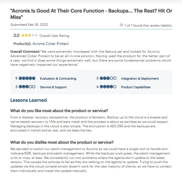 A screenshot of the 3rd review of Acronis's DLP software from Gartner. This might lead customer to look for Acronis alternatives, due to patch management issues.