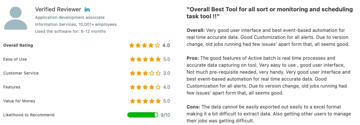 The image provides a user review, describing pros and cons of ActiveBatch