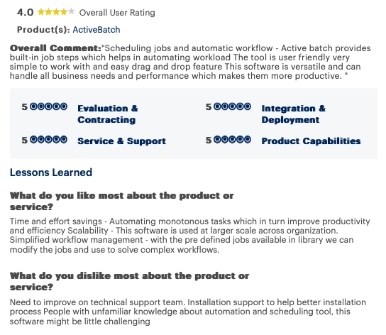 The image provides a user review, describing pros and cons of ActiveBatch