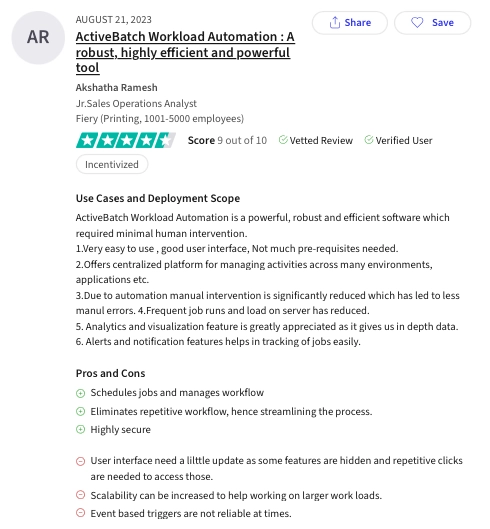 The image provides a user review, describing pros and cons of ActiveBatch