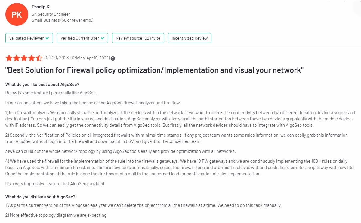 This image shows a user review of AlgoSec, one of the Skybox security alternatives.