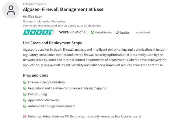 This image shows a user review of AlgoSec, one of the Skybox security alternatives.
