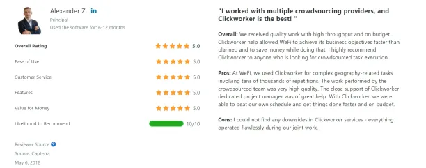 A screenshot of the above review of Clickworker, which is one of the retail audit services, from Capterra. 