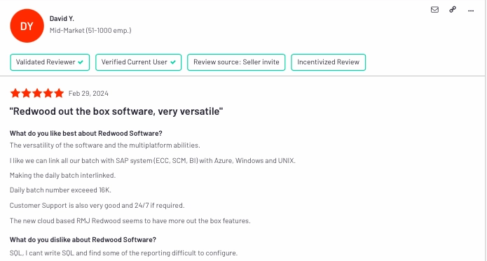 The image shows RunMyJobs user reviews from G2.