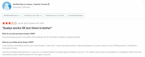 This image shows a user review of Qualys, one of the Skybox security alternatives.