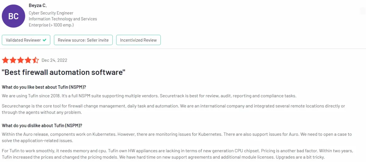 This image shows a user review of Tufin, one of the Skybox security alternatives.