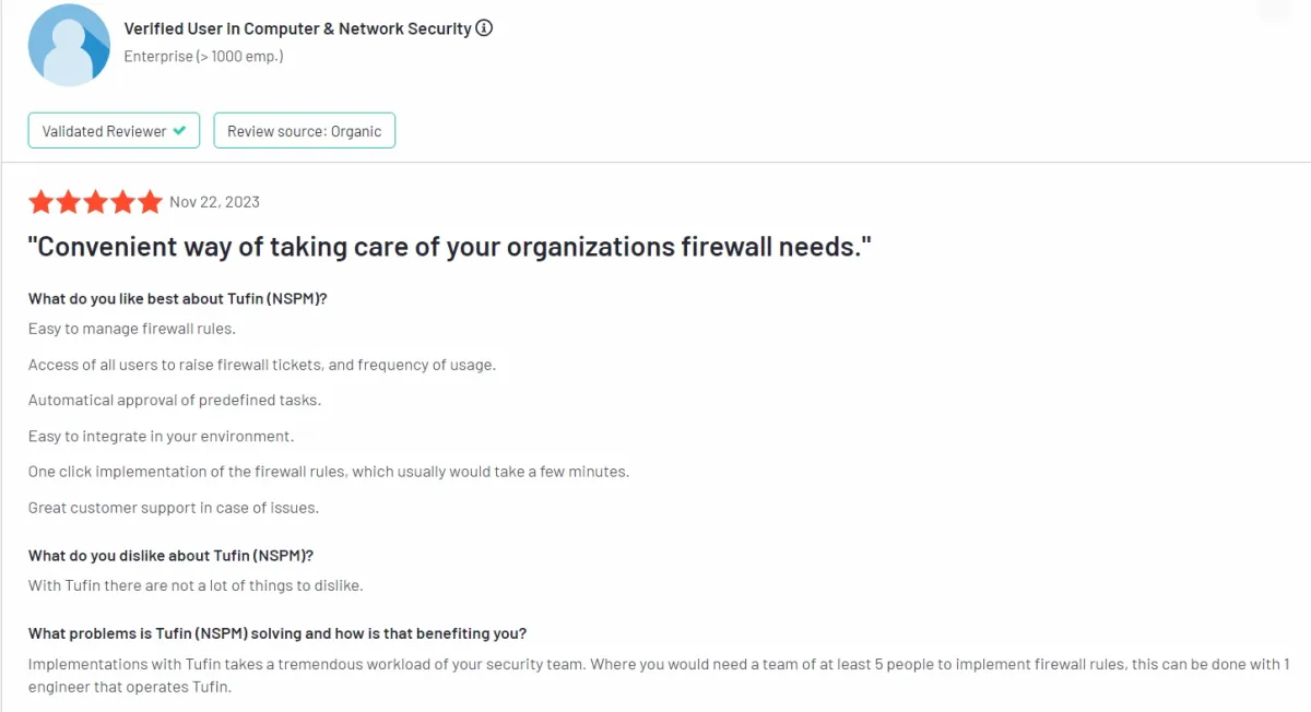 This image shows a user review of Tufin, one of the Skybox security alternatives.