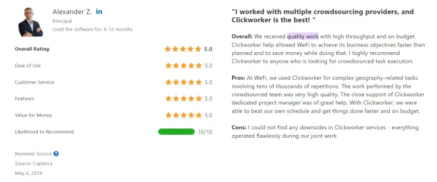 A clickworker customer review from Capterra for the amazon mechanical turk alternatives article.