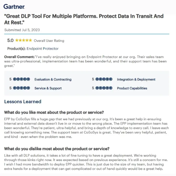 Customer review from Gartner of Endpoint protector, which is one of the acronis alternatives