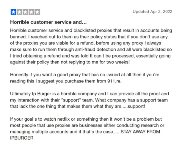 IPburger negative review regarding bad customer support.