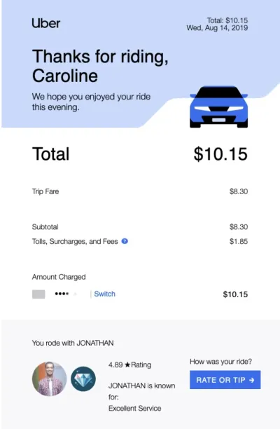 Uber order confirmation transactional email example