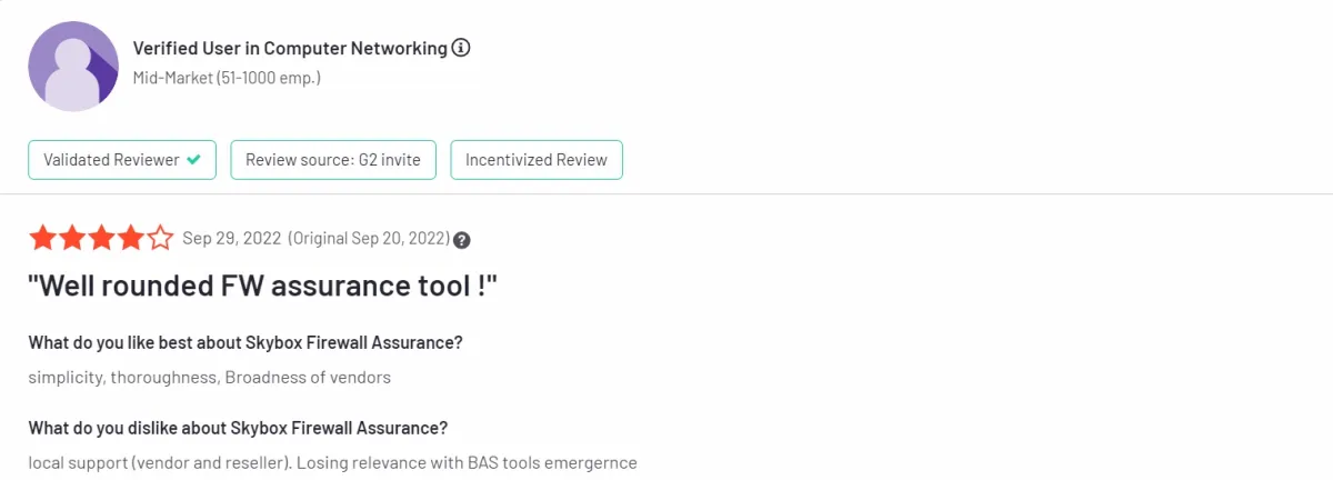 A positive and negative SkyBox Customer review regarding its firewall audit software.