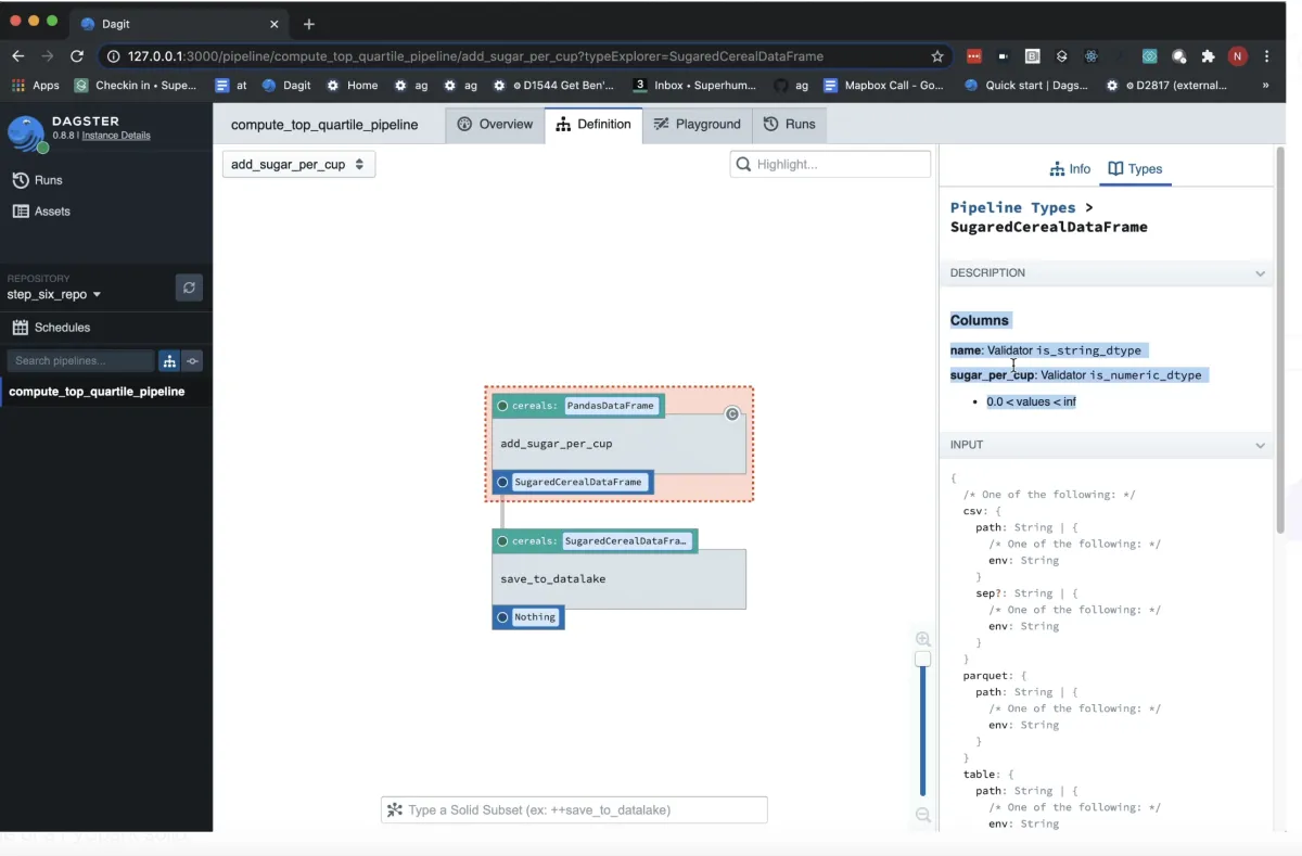 The image shows the Dagster's data orchestration platform to generate graph of operations and tasks.