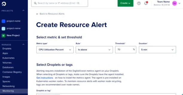 The image displays how to set thresholds and get notified on DigitalOcean's platform 