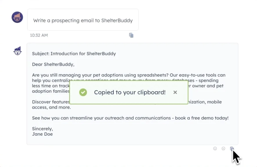 HubSpot ChatSpot feature example.