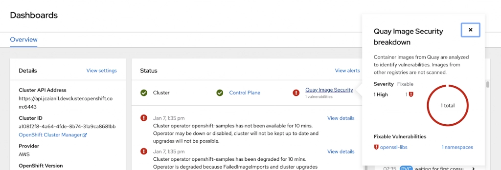 The image is an example of OpenShift dashboard flagging detected container vulnerabilities.
