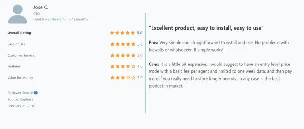 A screenshot of the 3rd review of Teramind, from Capterra which might lead customer to Trellix competitors.