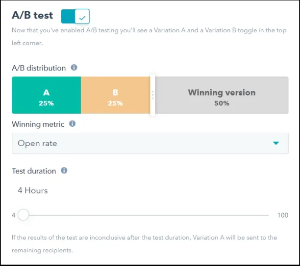 HubSpot A/B testing feature