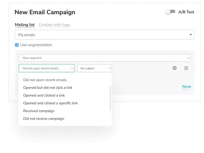 SendPulse email segmentation feature.