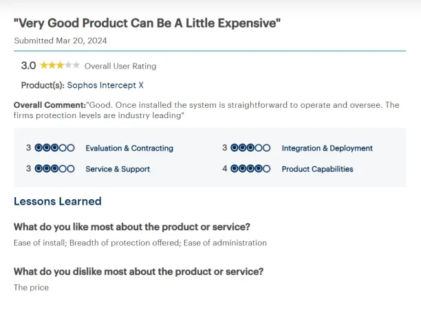 Sophos negative review 3 about price. This might lead customer to Sophos competitors
