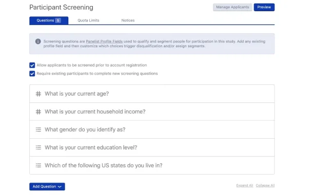 This figure shows prescreening questions for Online Survey Participant Recruitment Tools